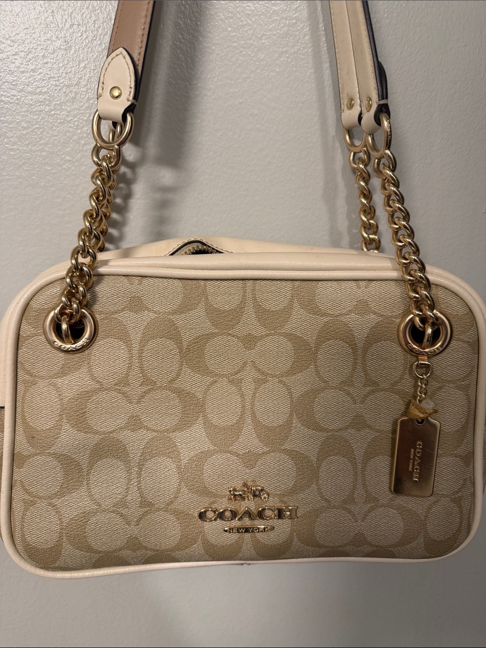 Coach Cream Signature Canvas Shoulder Bag with Gold Hardware